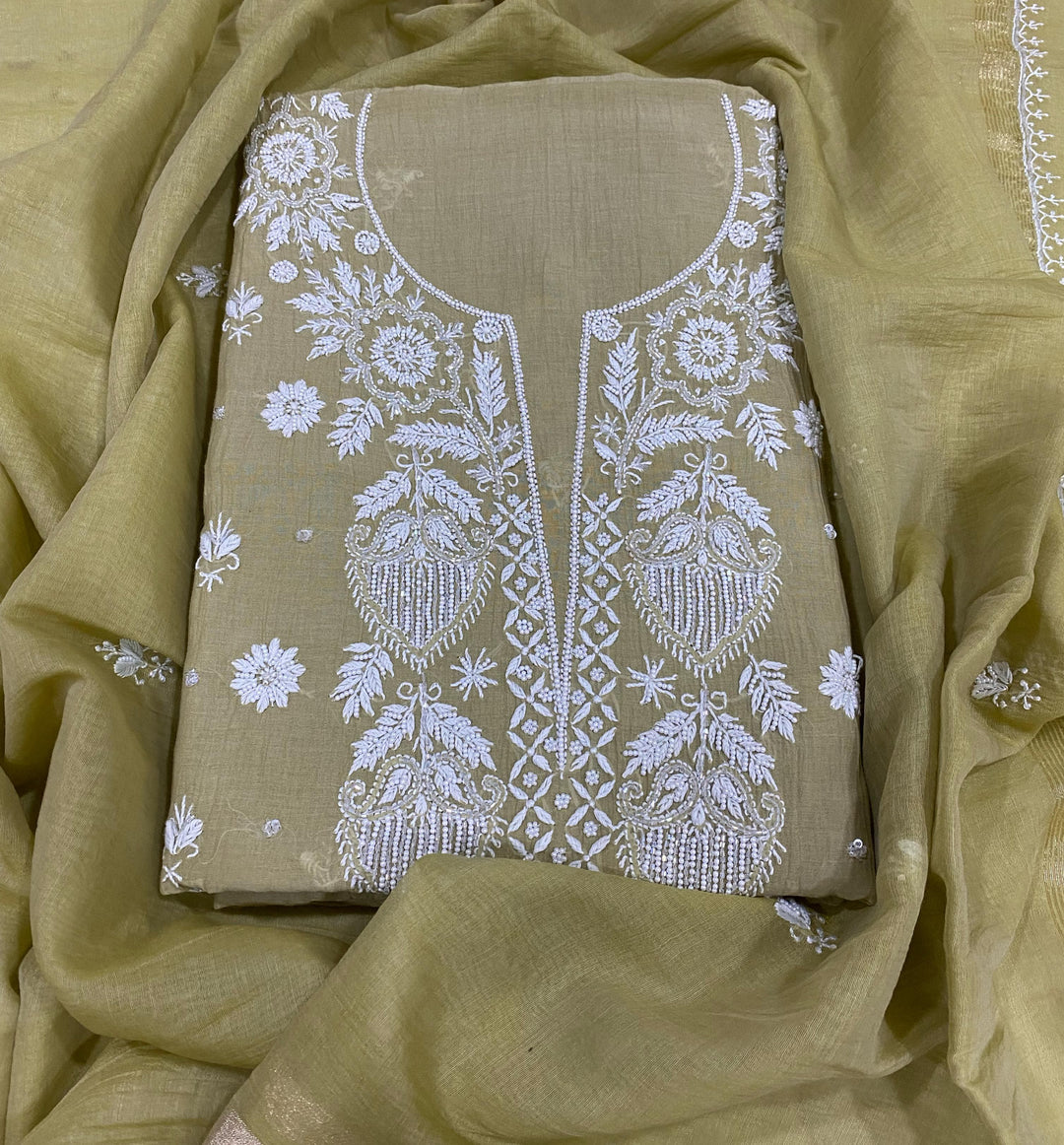 Pure MulMul Chanderi Chikankari Unstitched Suit with Pearl Cutdana Work