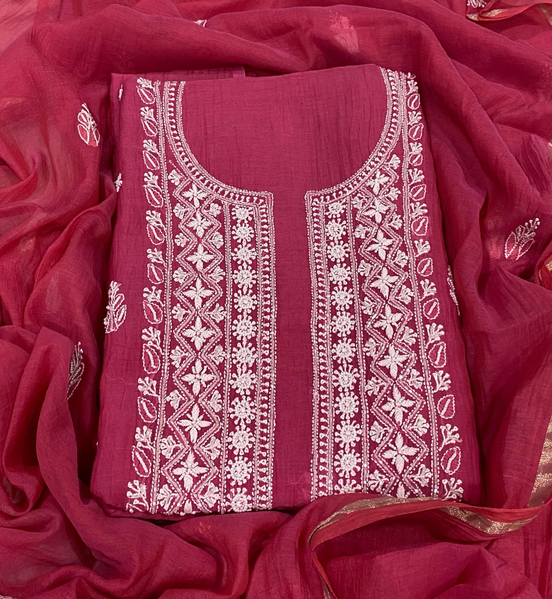 Pure MulMul Chanderi Chikankari Unstitched Suit with Pearl Cutdana Work