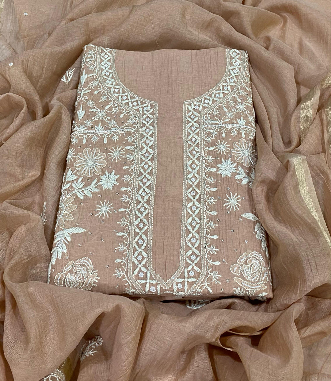 Pure MulMul Chanderi Chikankari Unstitched Suit with Pearl Cutdana Work