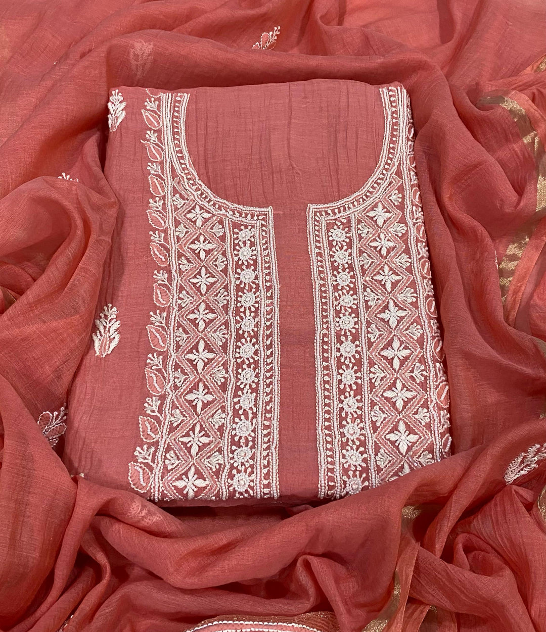 Pure MulMul Chanderi Chikankari Unstitched Suit with Pearl Cutdana Work