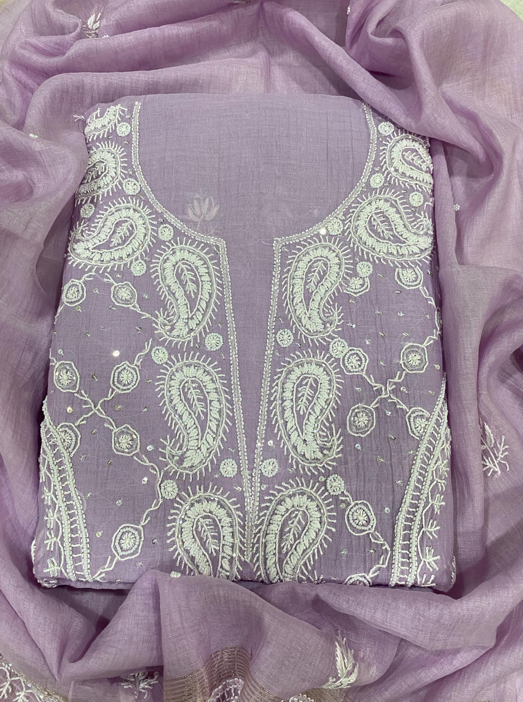 Pure MulMul Chanderi Chikankari Unstitched Suit with Pearl Cutdana Work
