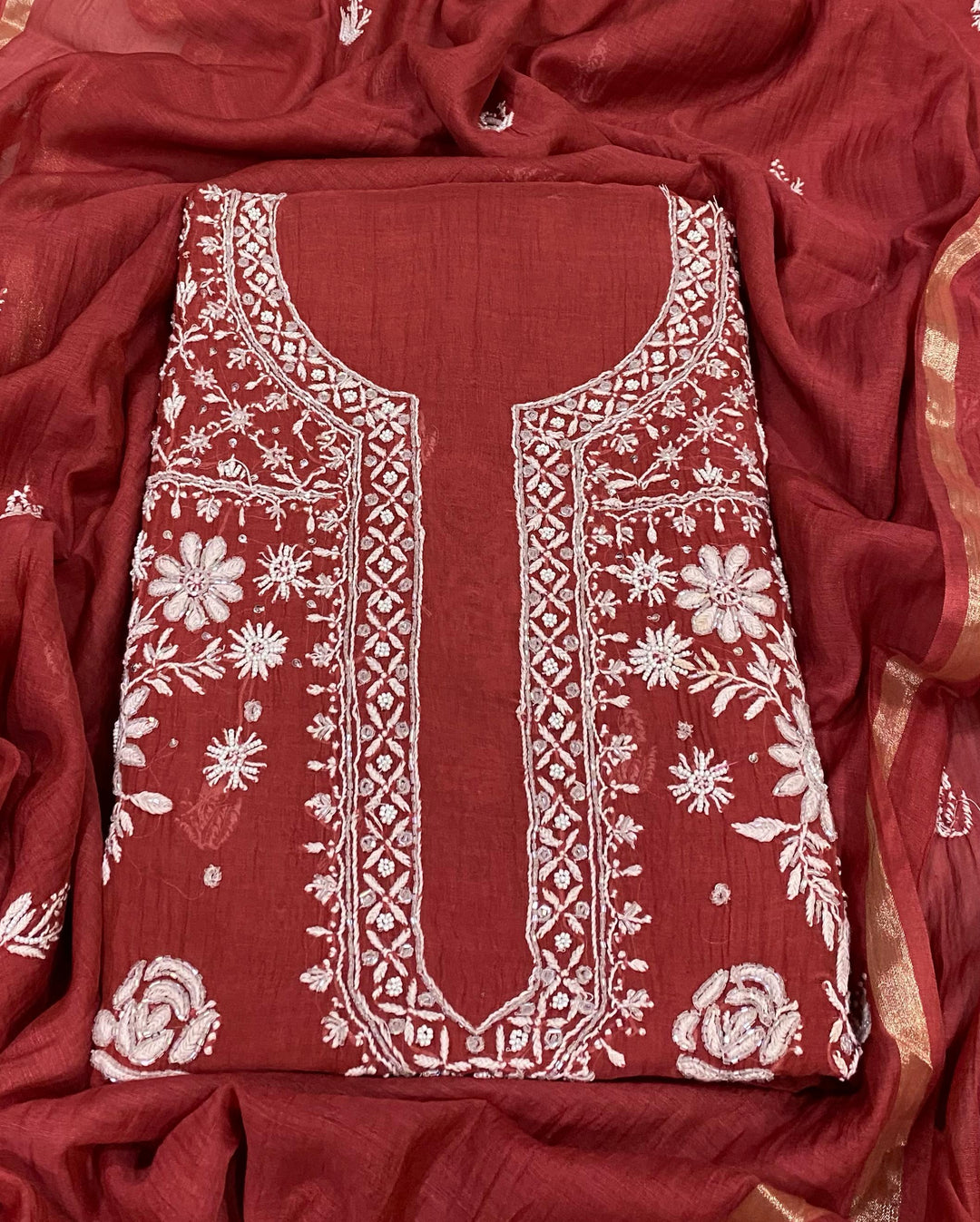 Pure MulMul Chanderi Chikankari Unstitched Suit with Pearl Cutdana Work