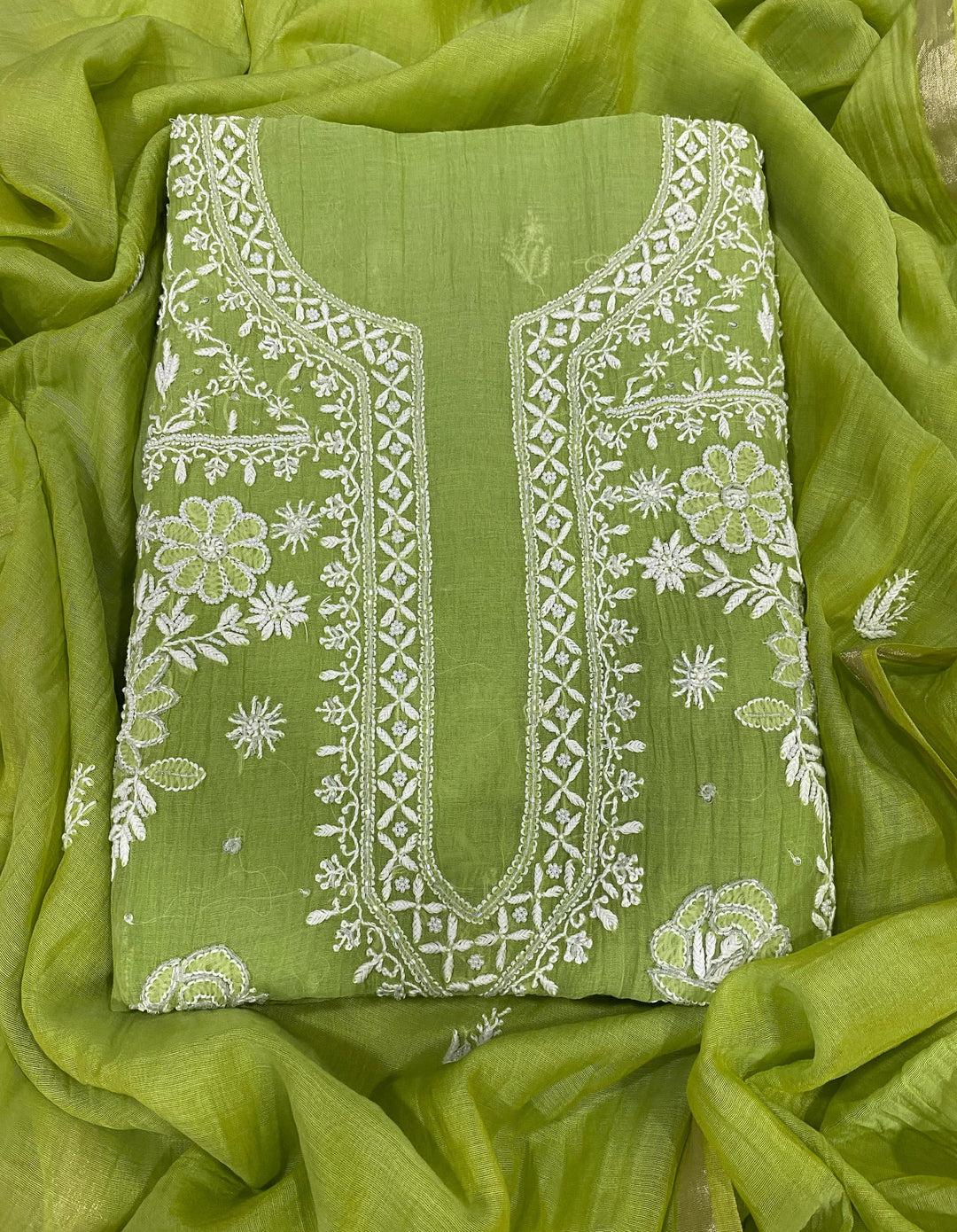 Pure MulMul Chanderi Chikankari Unstitched Suit with Pearl Cutdana Work