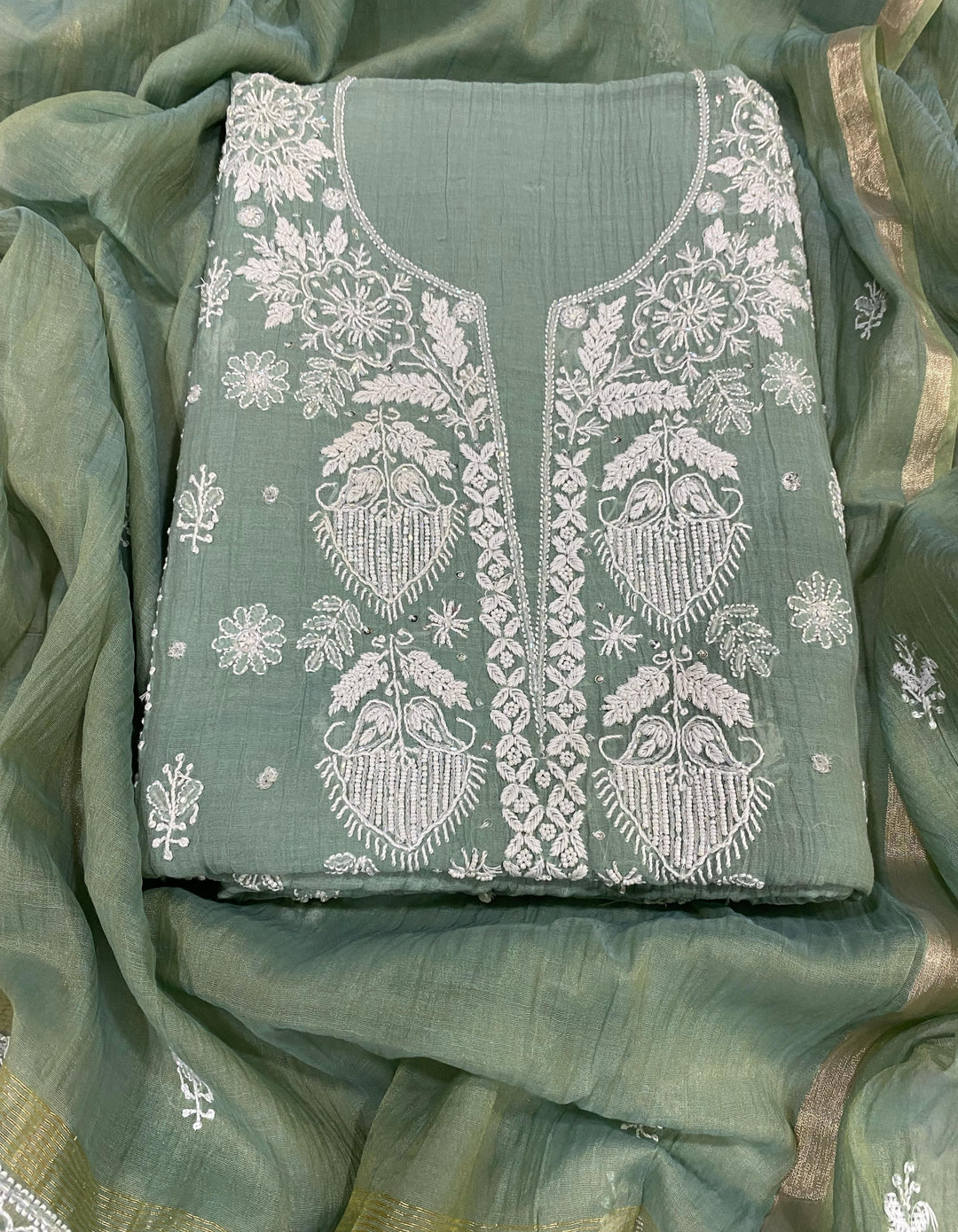 Pure MulMul Chanderi Chikankari Unstitched Suit with Pearl Cutdana Work