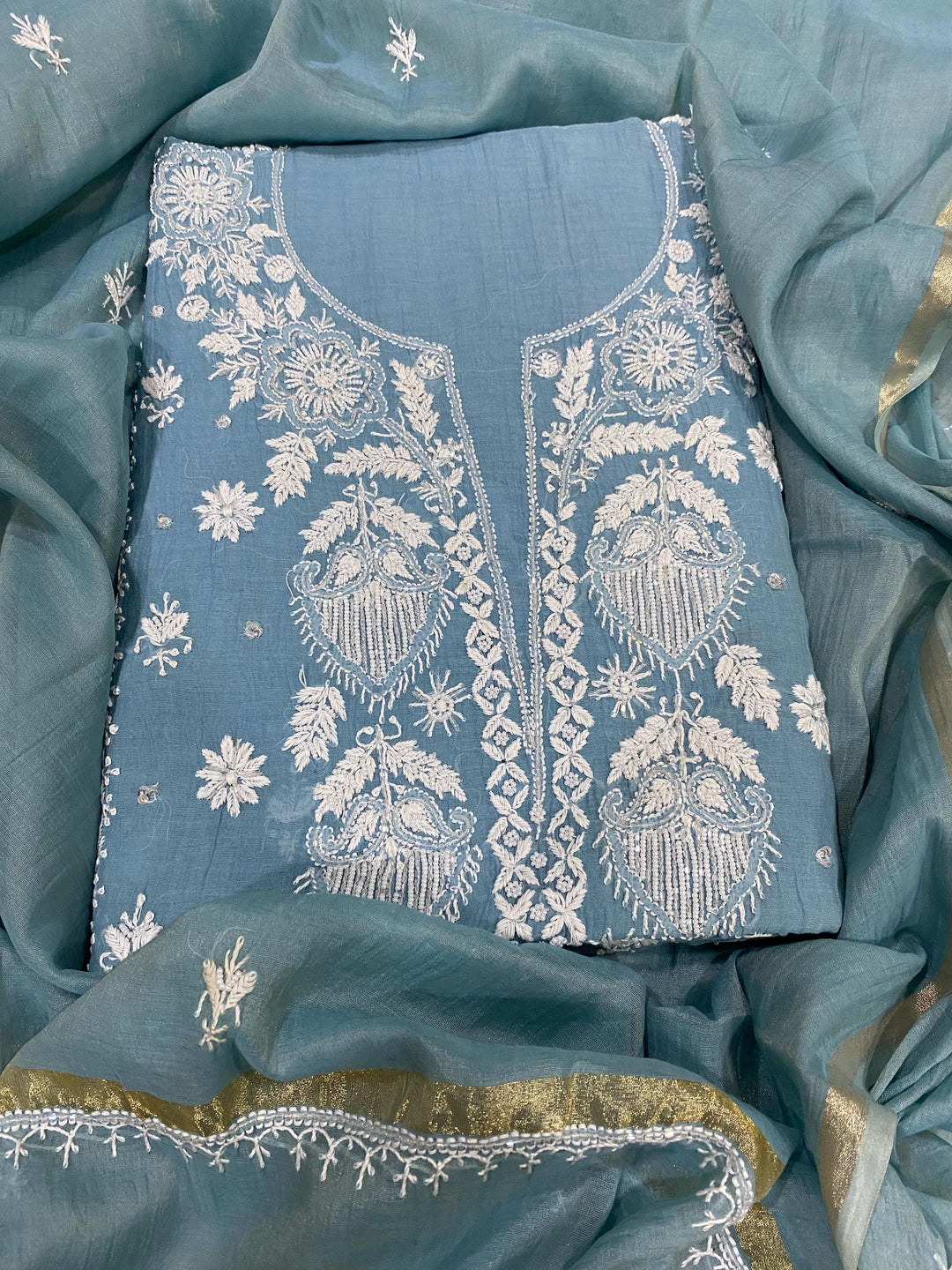 Pure MulMul Chanderi Chikankari Unstitched Suit with Pearl Cutdana Work