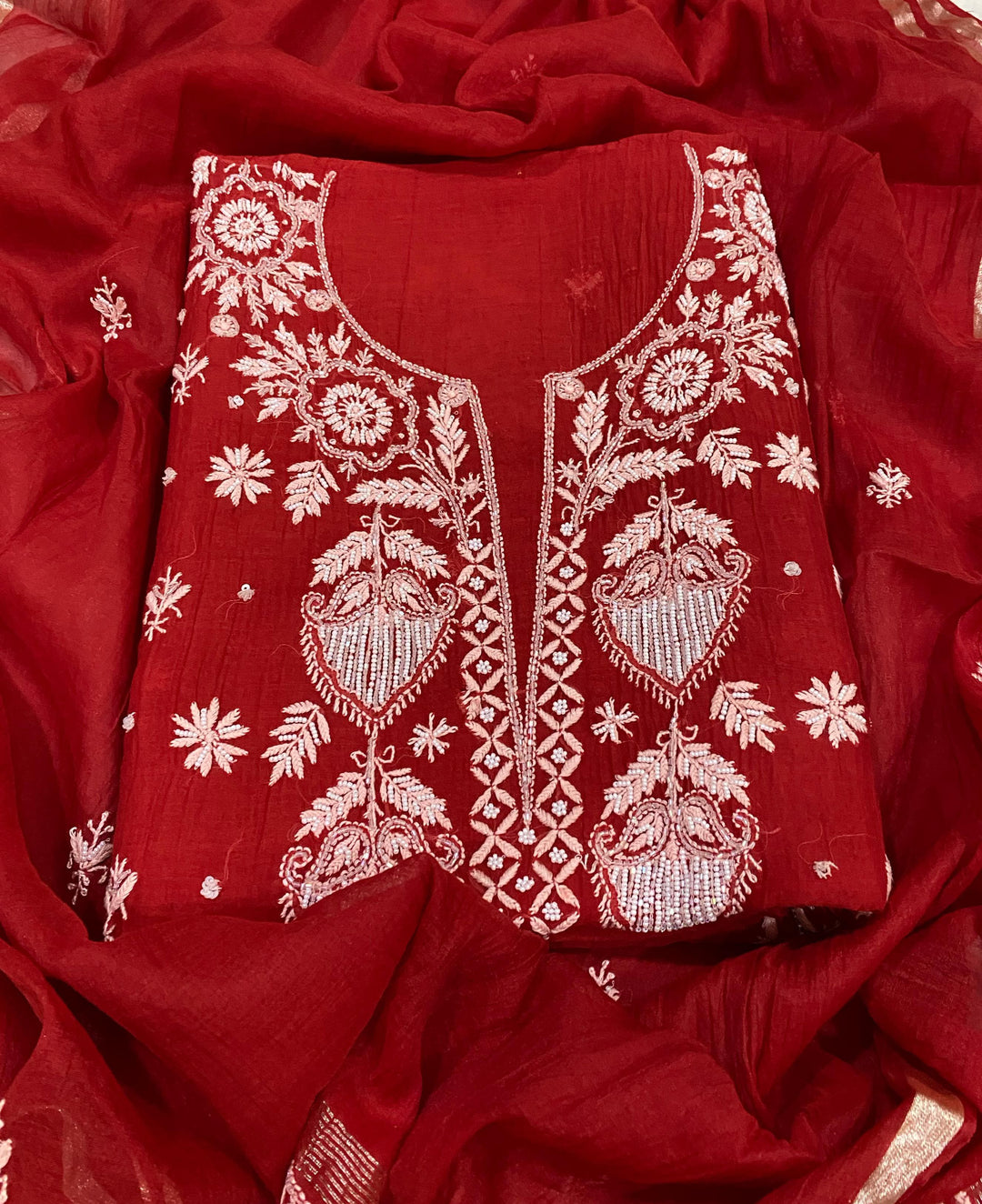 Pure MulMul Chanderi Chikankari Unstitched Suit with Pearl Cutdana Work