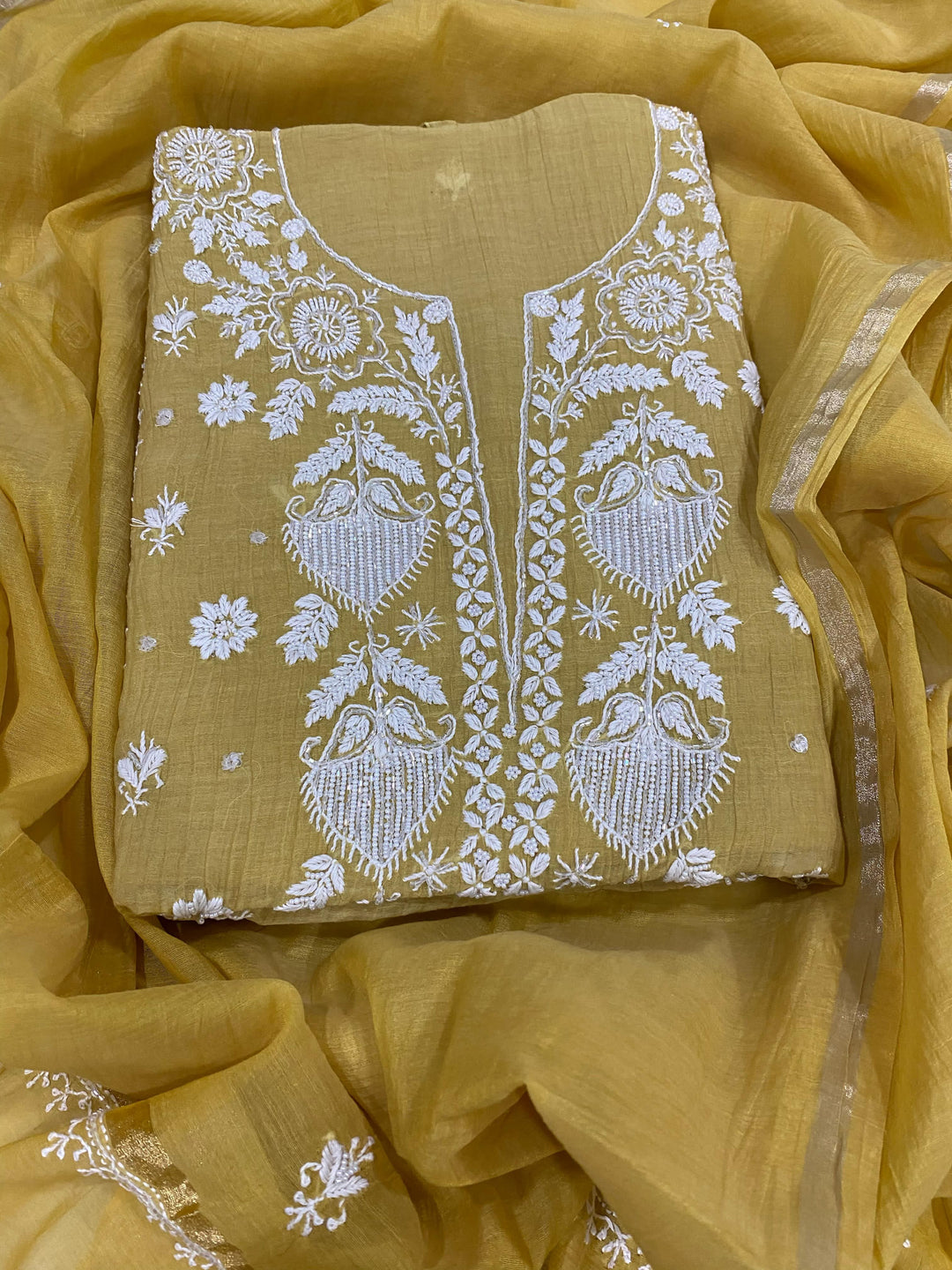 Pure MulMul Chanderi Chikankari Unstitched Suit with Pearl Cutdana Work