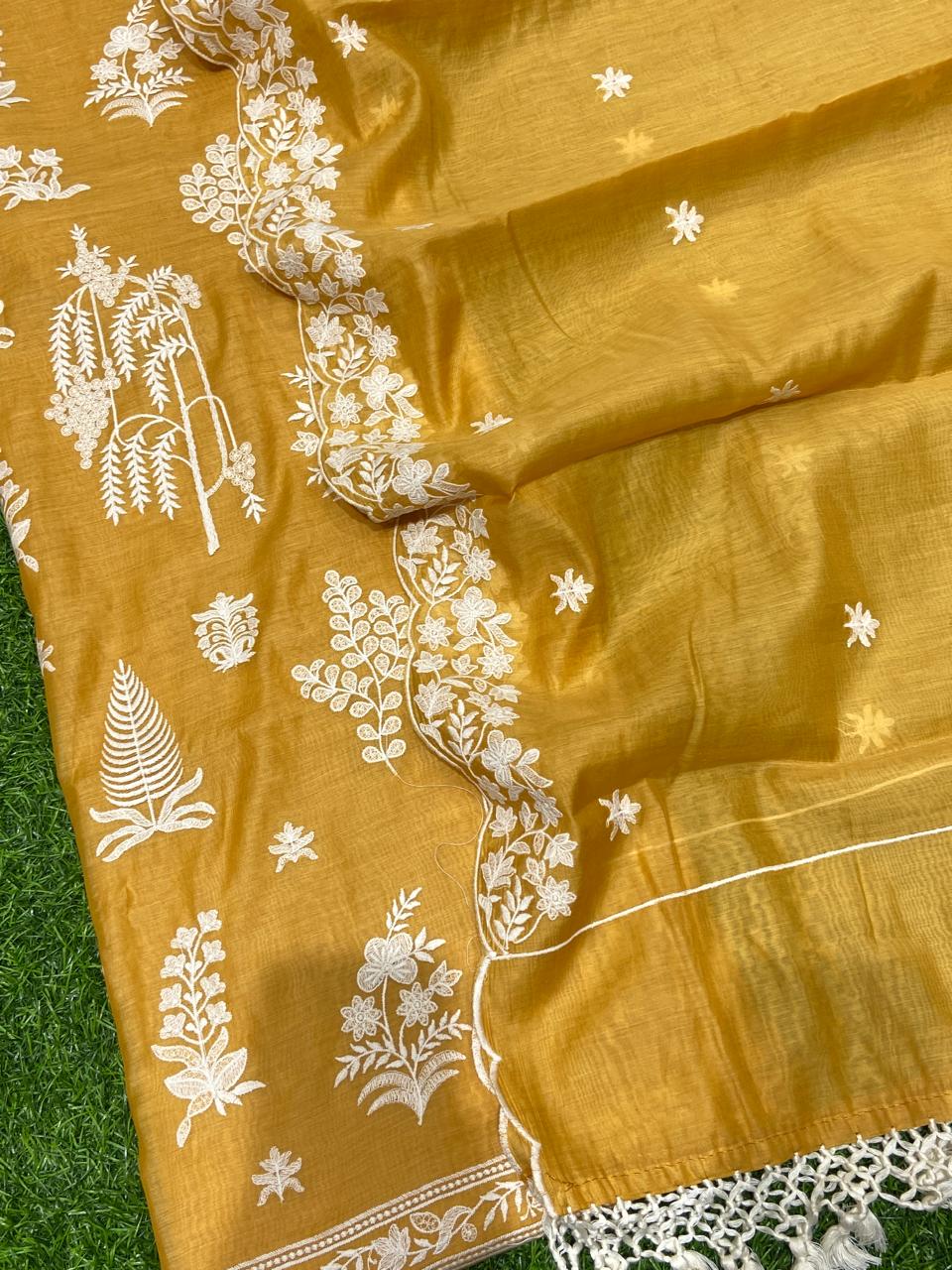 Pure Banarasi Resham Mul Chanderi Silk Embroidery Work Unstitched Suit