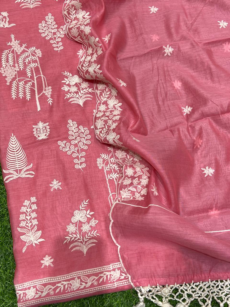Pure Banarasi Resham Mul Chanderi Silk Embroidery Work Unstitched Suit