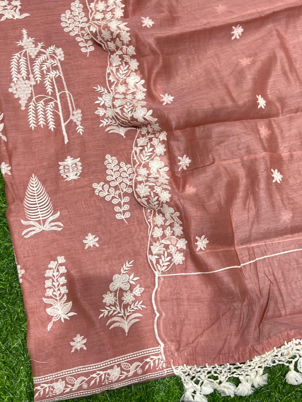 Pure Banarasi Resham Mul Chanderi Silk Embroidery Work Unstitched Suit