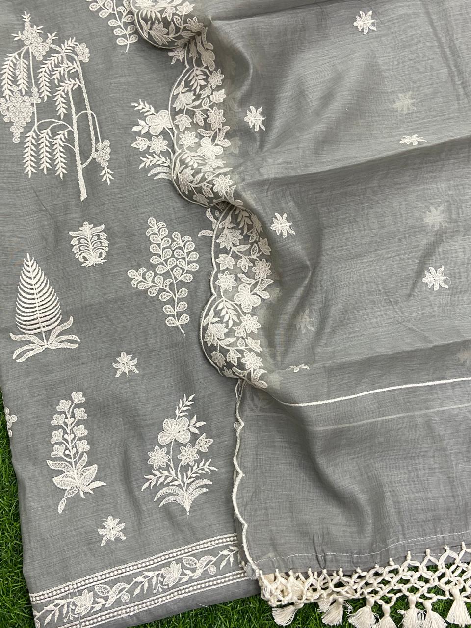 Pure Banarasi Resham Mul Chanderi Silk Embroidery Work Unstitched Suit