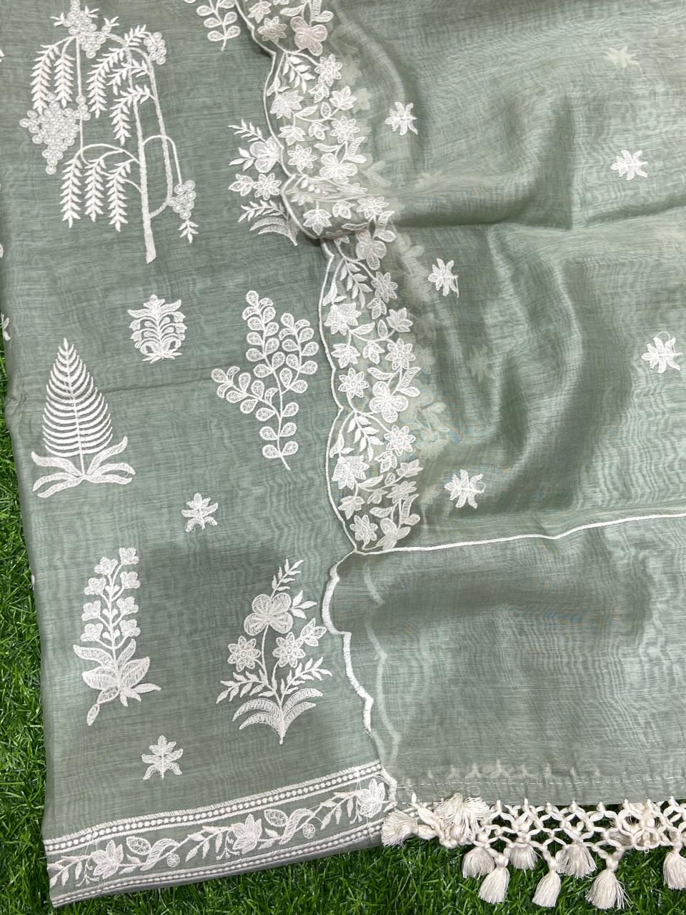 Pure Banarasi Resham Mul Chanderi Silk Embroidery Work Unstitched Suit