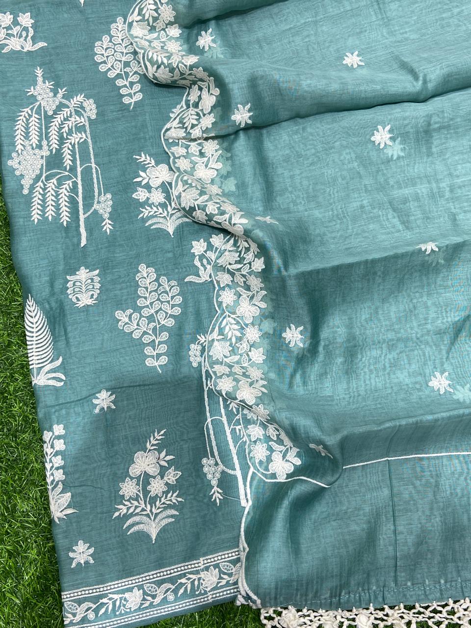 Pure Banarasi Resham Mul Chanderi Silk Embroidery Work Unstitched Suit