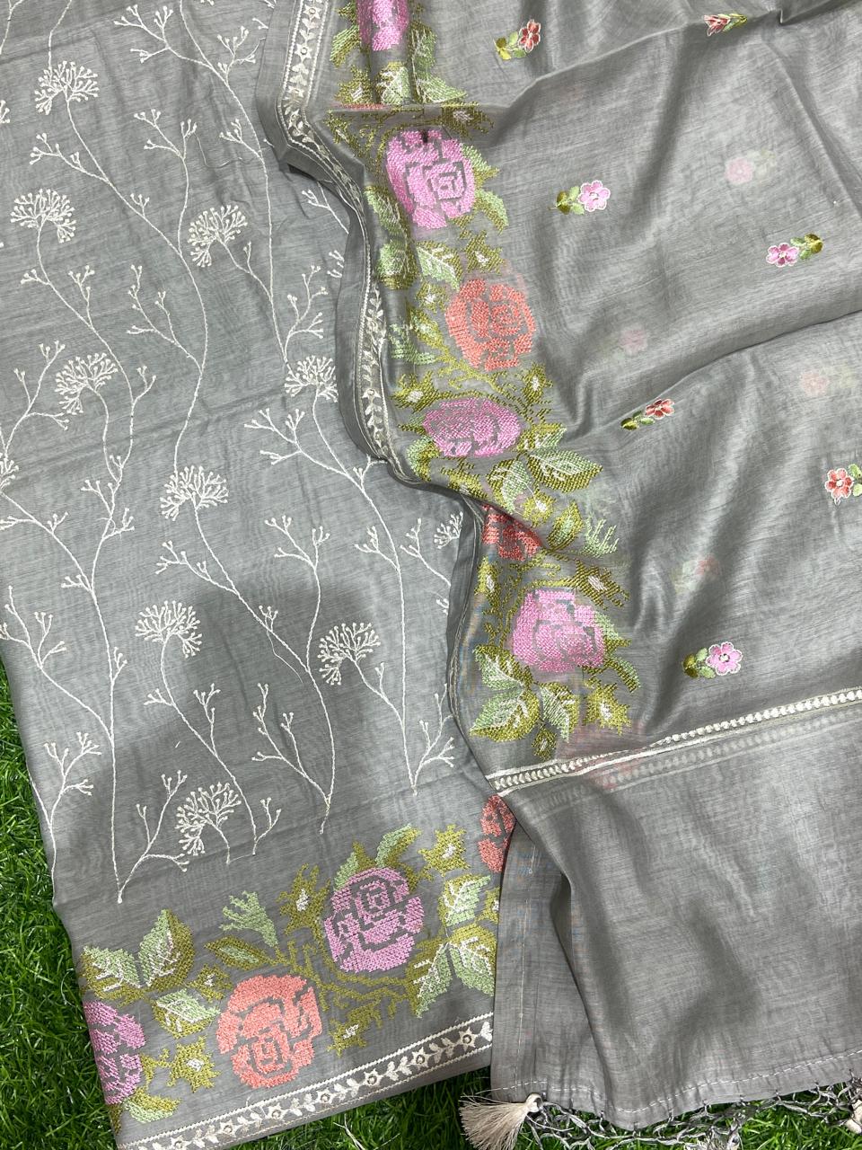 Pure Banarasi Resham Mul Chanderi Silk Embroidery Work Unstitched Suit