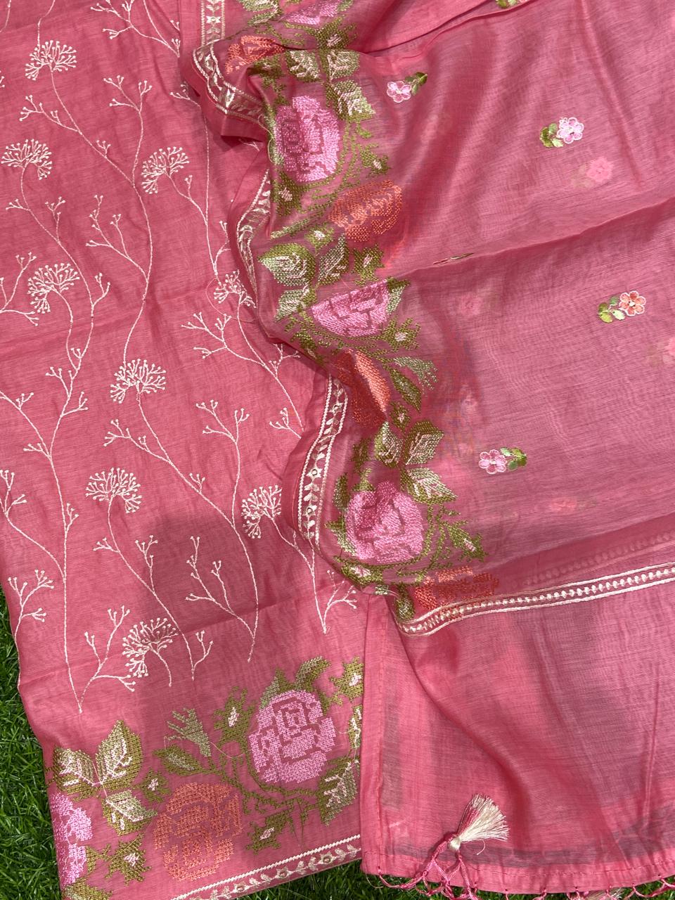 Pure Banarasi Resham Mul Chanderi Silk Embroidery Work Unstitched Suit