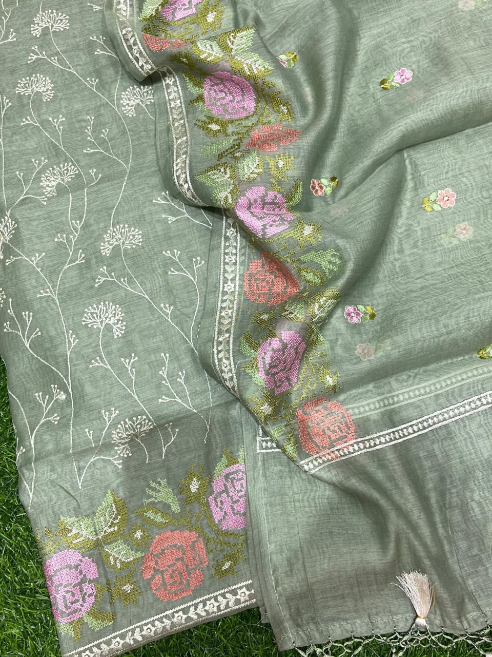 Pure Banarasi Resham Mul Chanderi Silk Embroidery Work Unstitched Suit