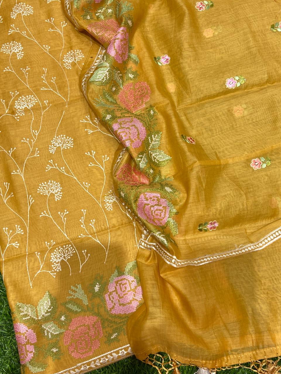 Pure Banarasi Resham Mul Chanderi Silk Embroidery Work Unstitched Suit