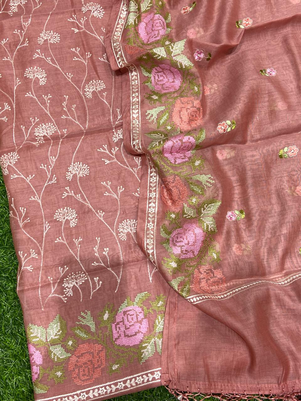 Pure Banarasi Resham Mul Chanderi Silk Embroidery Work Unstitched Suit