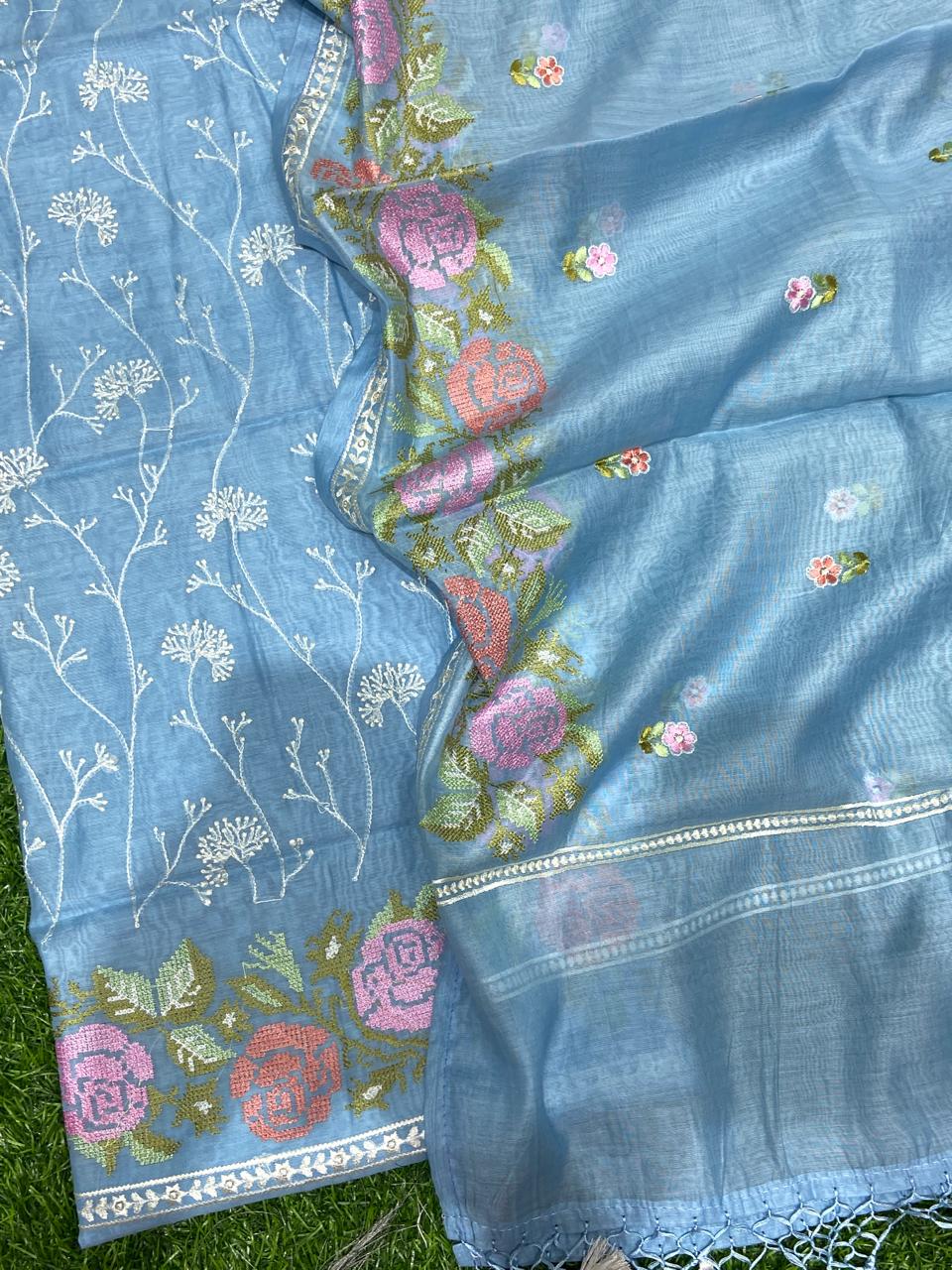 Pure Banarasi Resham Mul Chanderi Silk Embroidery Work Unstitched Suit