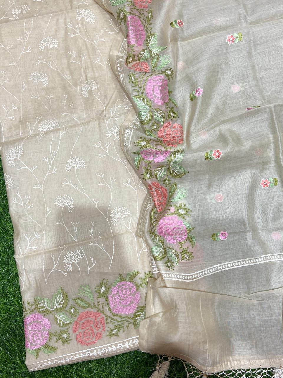 Pure Banarasi Resham Mul Chanderi Silk Embroidery Work Unstitched Suit