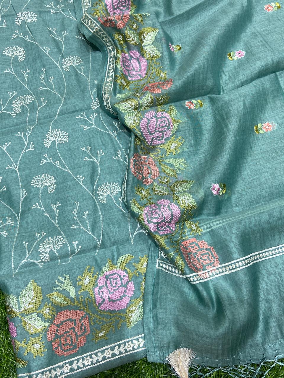 Pure Banarasi Resham Mul Chanderi Silk Embroidery Work Unstitched Suit