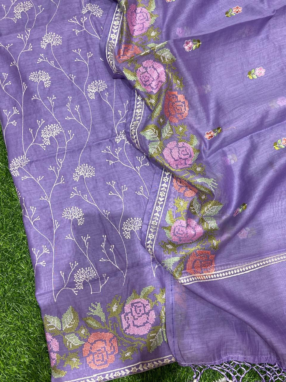 Pure Banarasi Resham Mul Chanderi Silk Embroidery Work Unstitched Suit