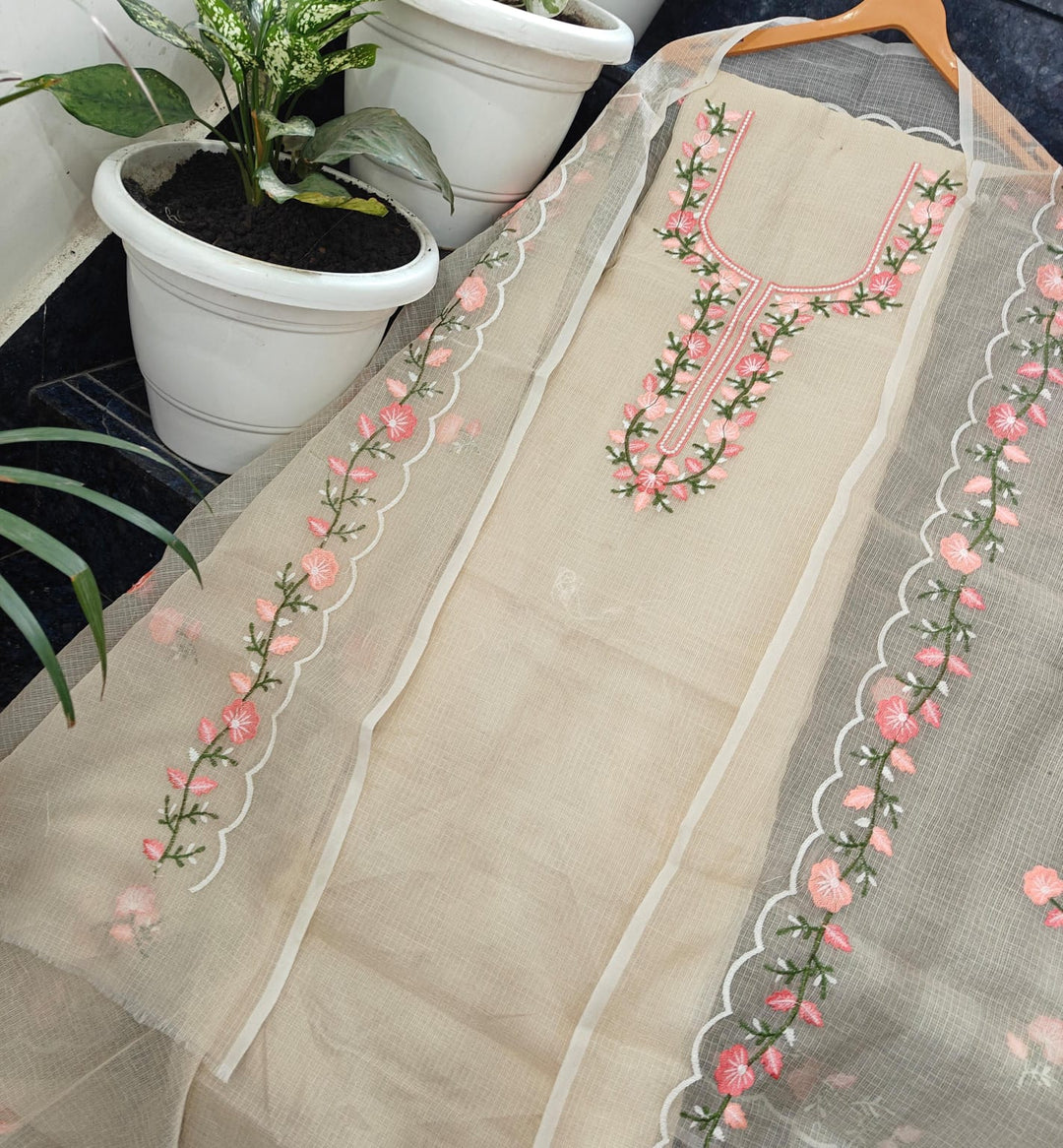 Pure Kota Doria Unstitched Suit With Embroidery Work