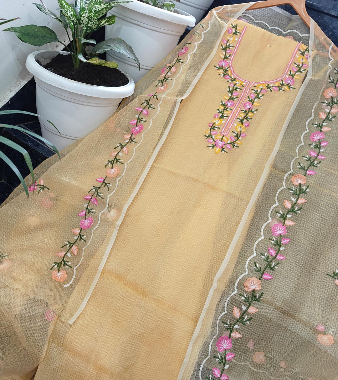 Pure Kota Doria Unstitched Suit With Embroidery Work