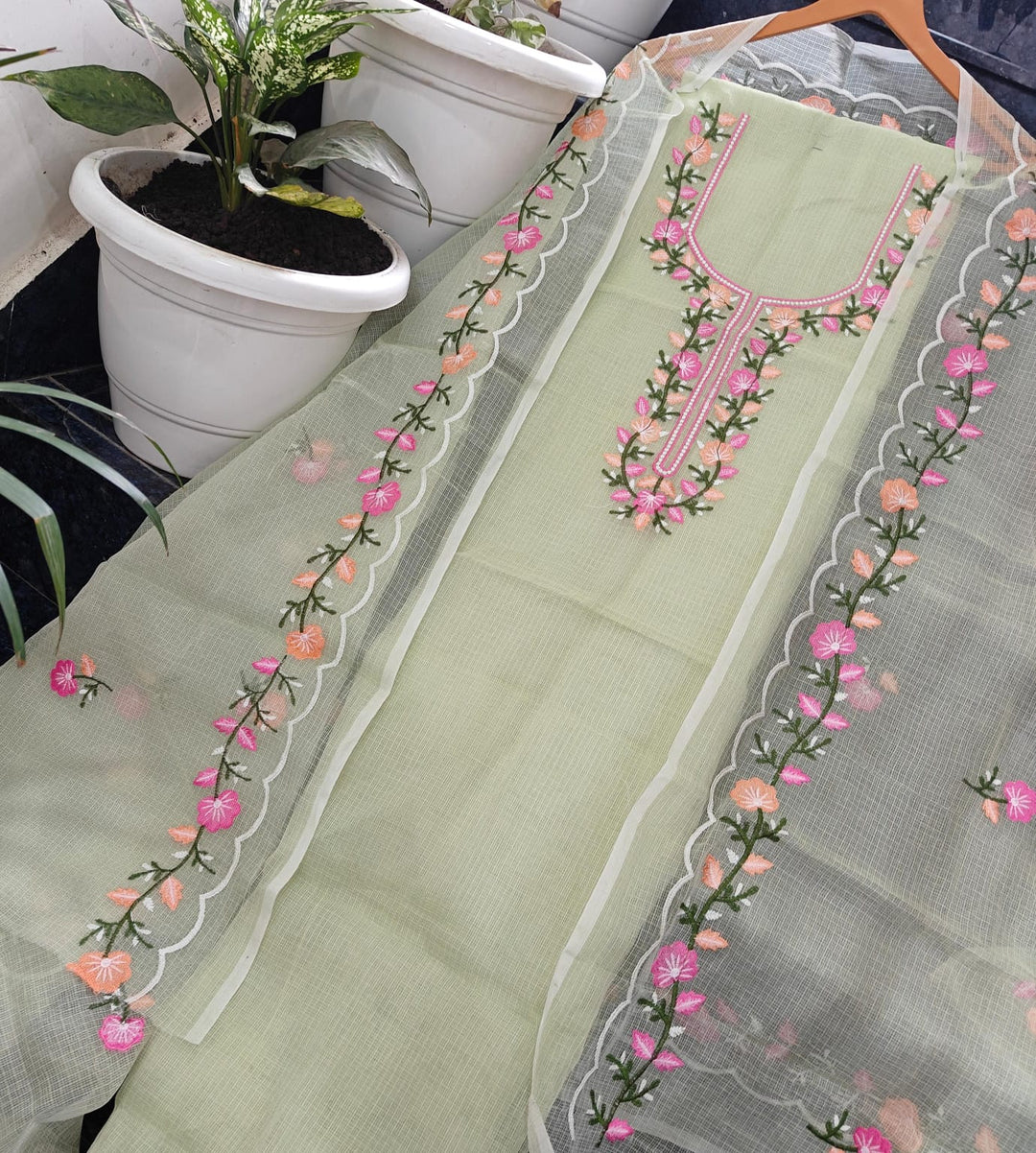 Pure Kota Doria Unstitched Suit With Embroidery Work