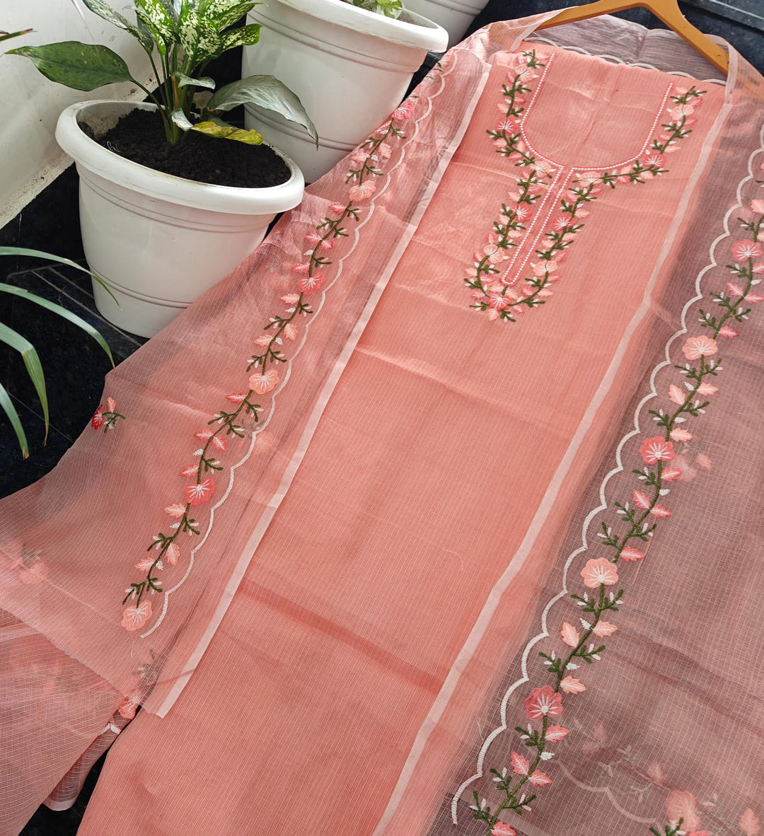 Pure Kota Doria Unstitched Suit With Embroidery Work