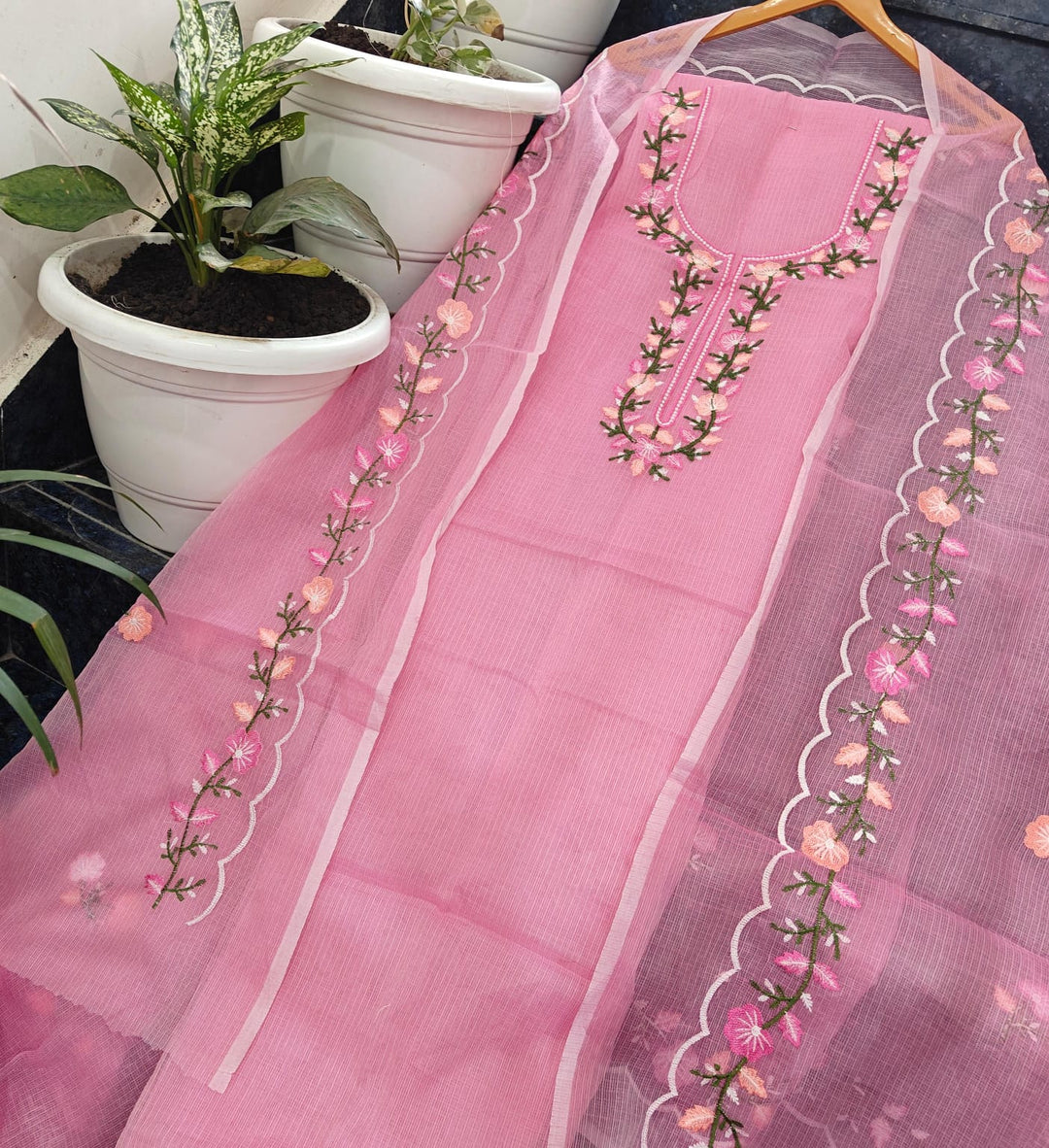 Pure Kota Doria Unstitched Suit With Embroidery Work