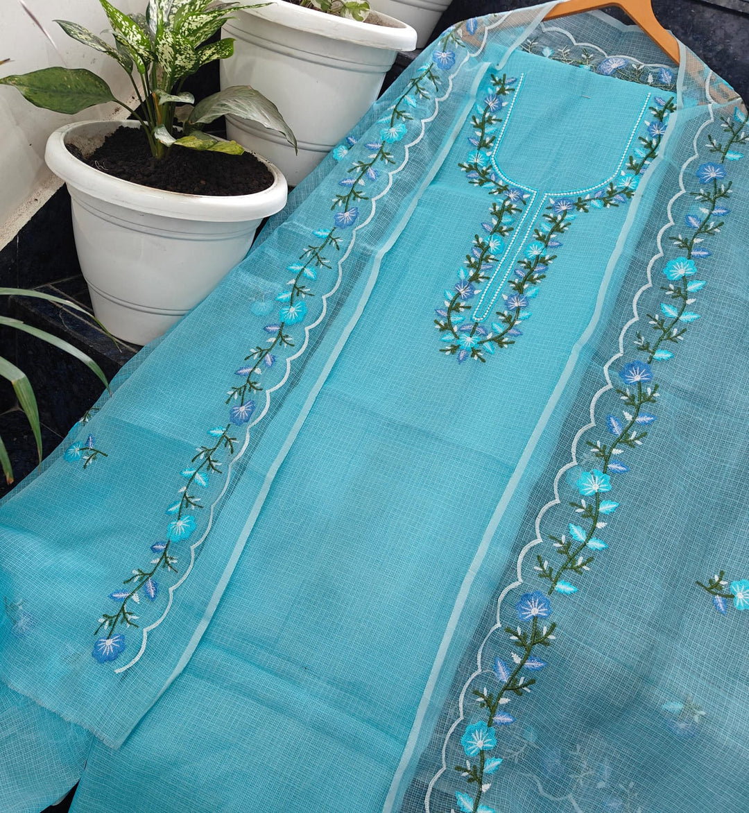 Pure Kota Doria Unstitched Suit With Embroidery Work