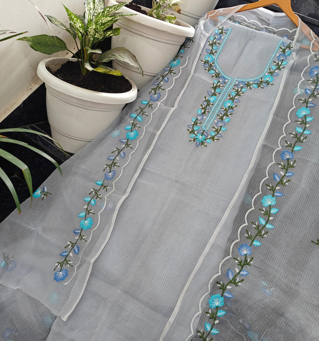 Pure Kota Doria Unstitched Suit With Embroidery Work