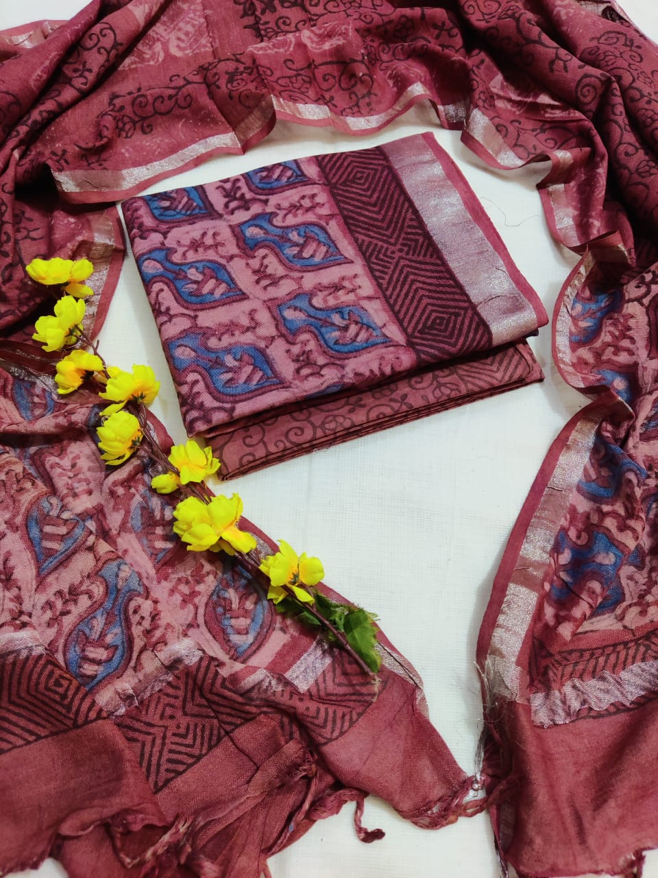 Hand Block Printed Linen Unstitched Suit