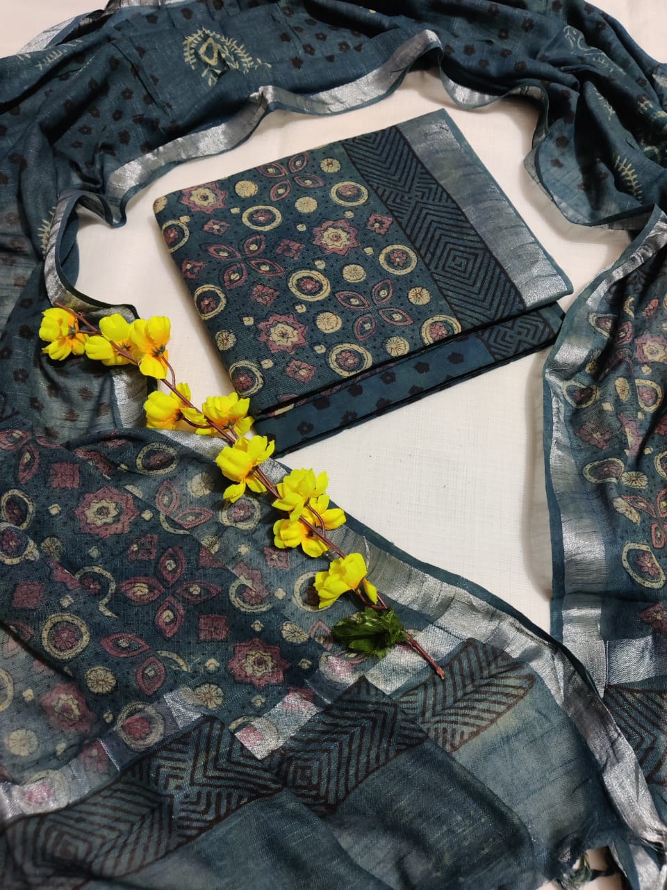 Hand Block Printed Linen Unstitched Suit