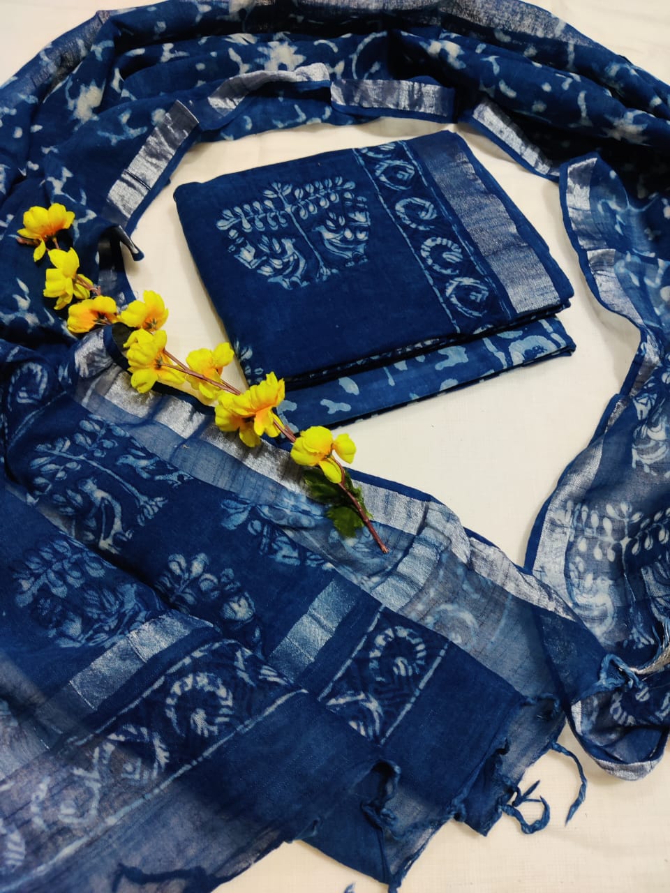 Hand Block Printed Linen Unstitched Suit