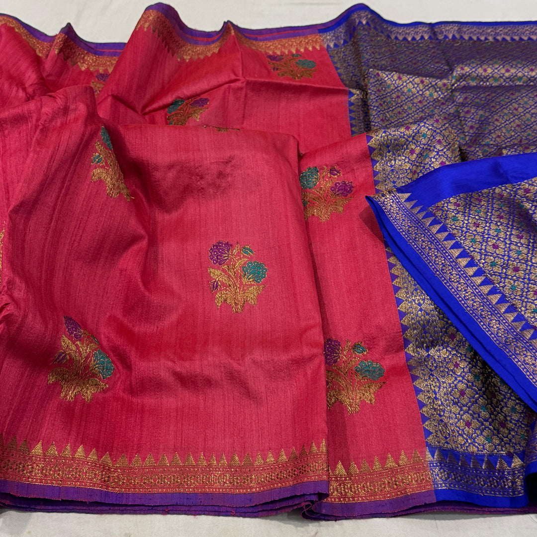 Handloom Pure Banarasi Tussar Silk Saree With Kadhwa Buti Work