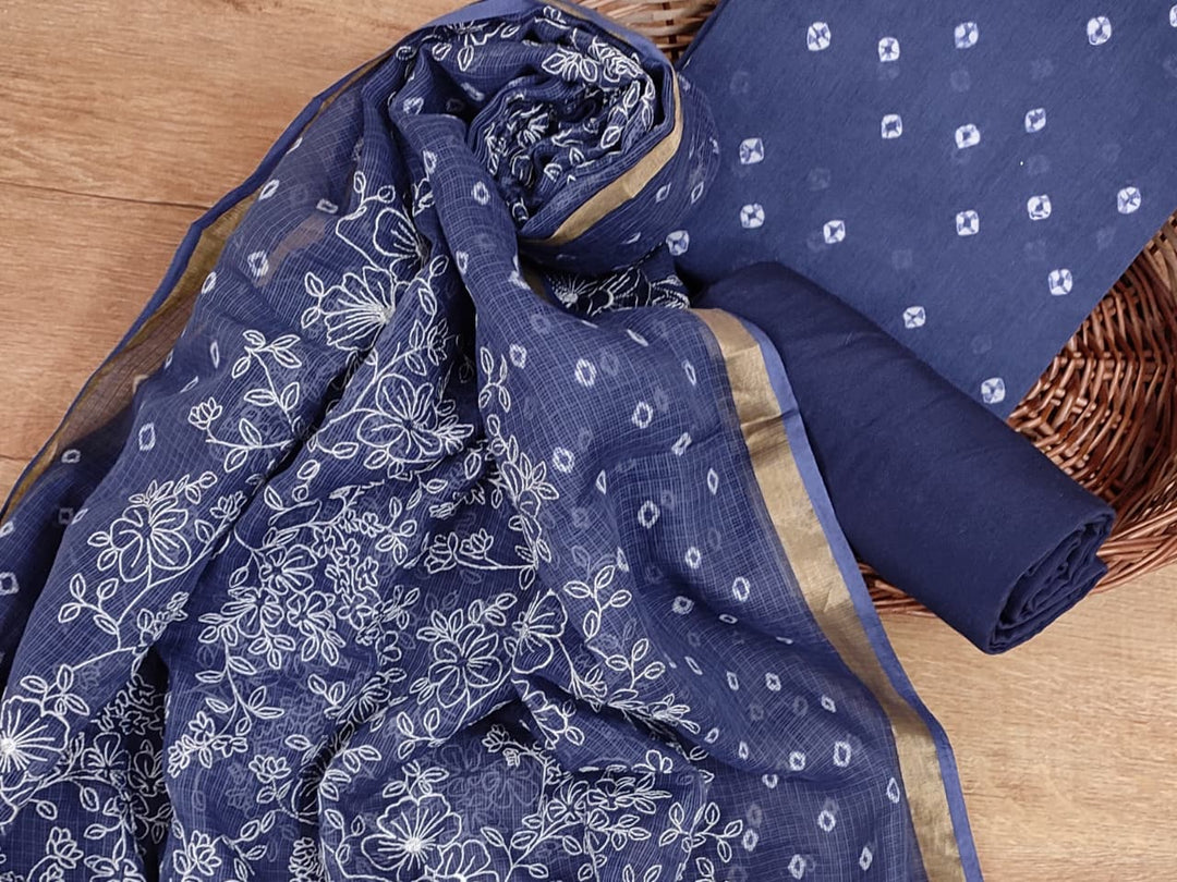 Pure Banarasi Kota Silk Unstitched Suit with Bandhani And Embroidery Work