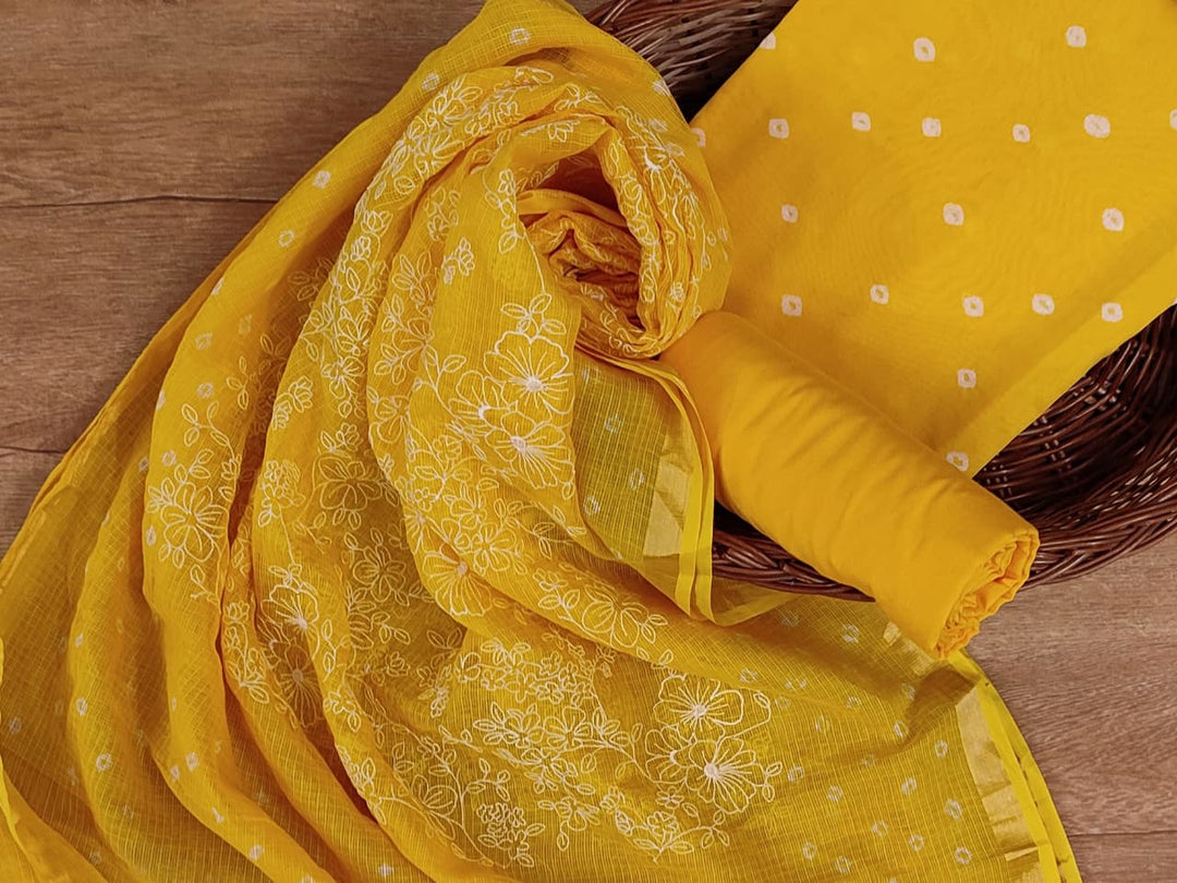 Pure Banarasi Kota Silk Unstitched Suit with Bandhani And Embroidery Work