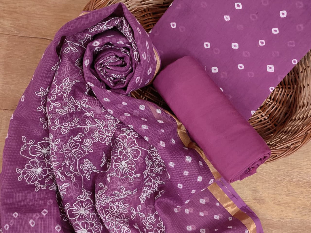 Pure Banarasi Kota Silk Unstitched Suit with Bandhani And Embroidery Work