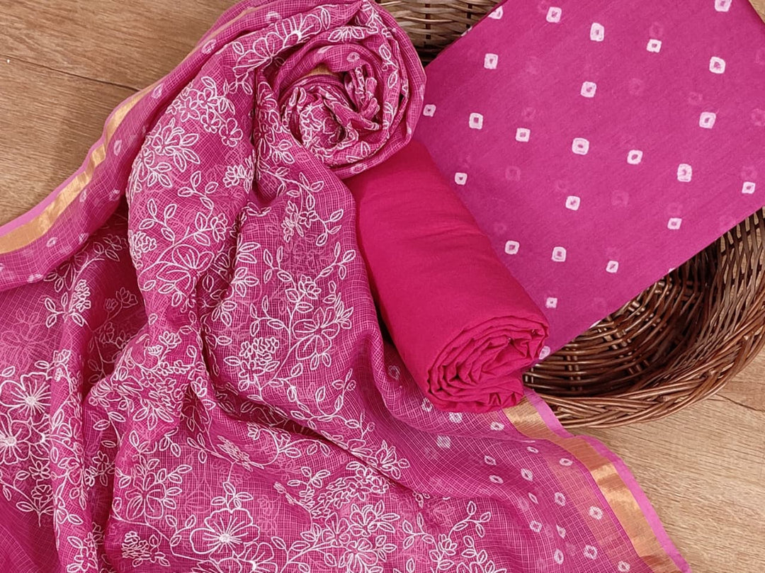Pure Banarasi Kota Silk Unstitched Suit with Bandhani And Embroidery Work