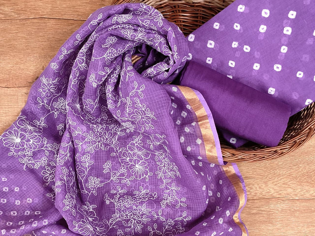 Pure Banarasi Kota Silk Unstitched Suit with Bandhani And Embroidery Work