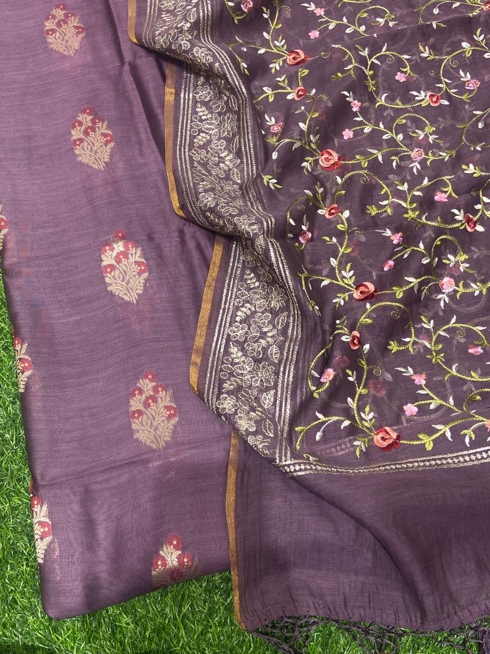 Pure Banarasi Resham Chanderi Silk Unstitched Suit With Embroidery Work| LIMITED EDITION |