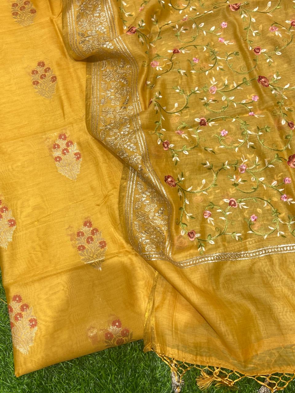 Pure Banarasi Resham Chanderi Silk Unstitched Suit With Embroidery Work| LIMITED EDITION |