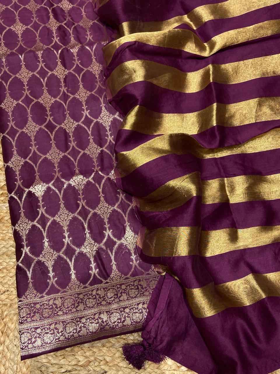 Pure Banarasi Resham Chanderi Silk Unstitched Suit with Zari Stripe Dupatta