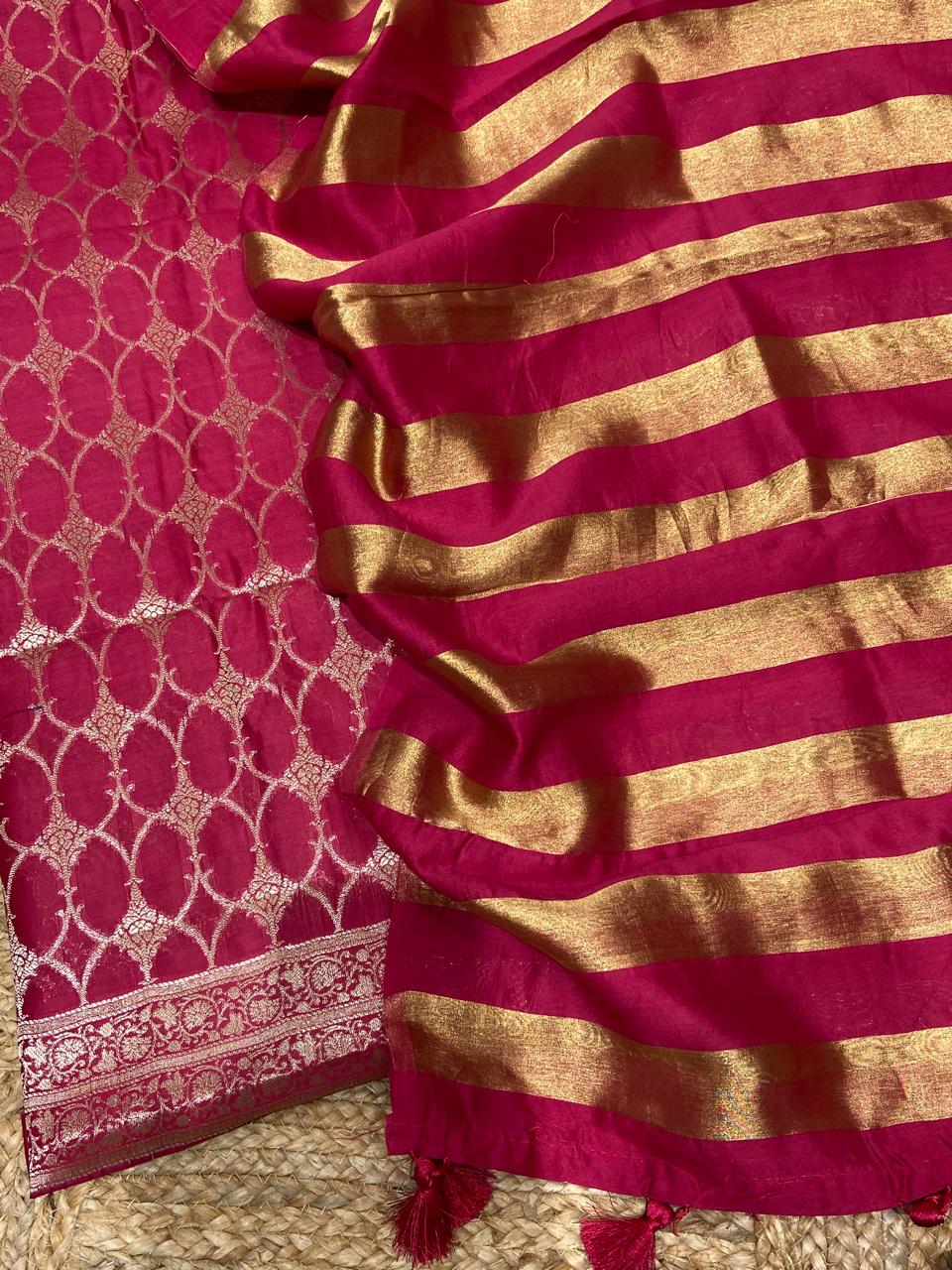 Pure Banarasi Resham Chanderi Silk Unstitched Suit with Zari Stripe Dupatta