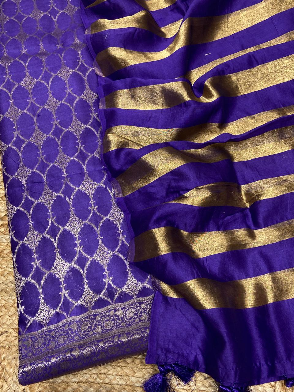 Pure Banarasi Resham Chanderi Silk Unstitched Suit with Zari Stripe Dupatta