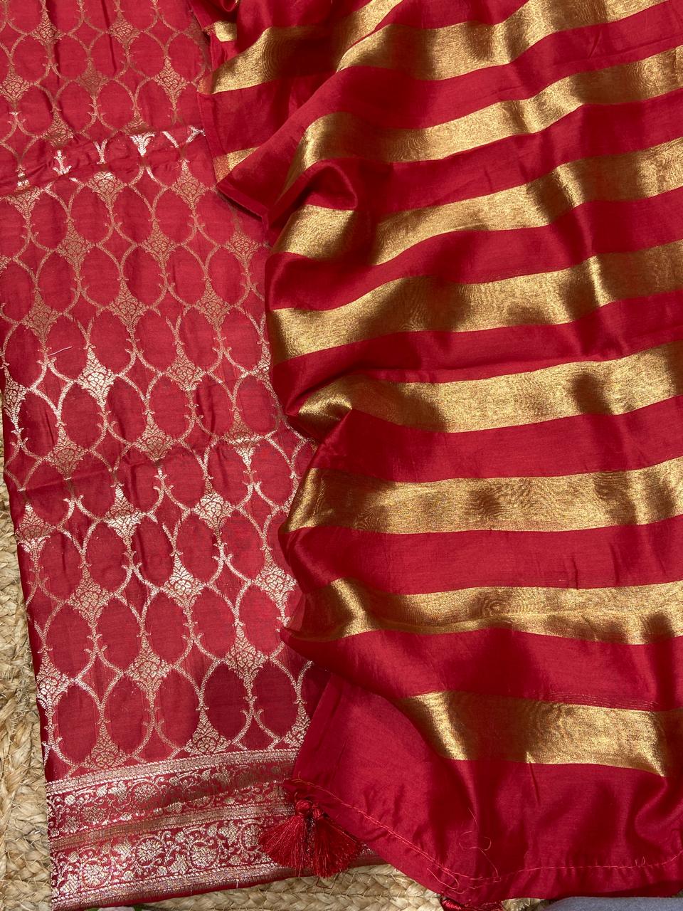 Pure Banarasi Resham Chanderi Silk Unstitched Suit with Zari Stripe Dupatta