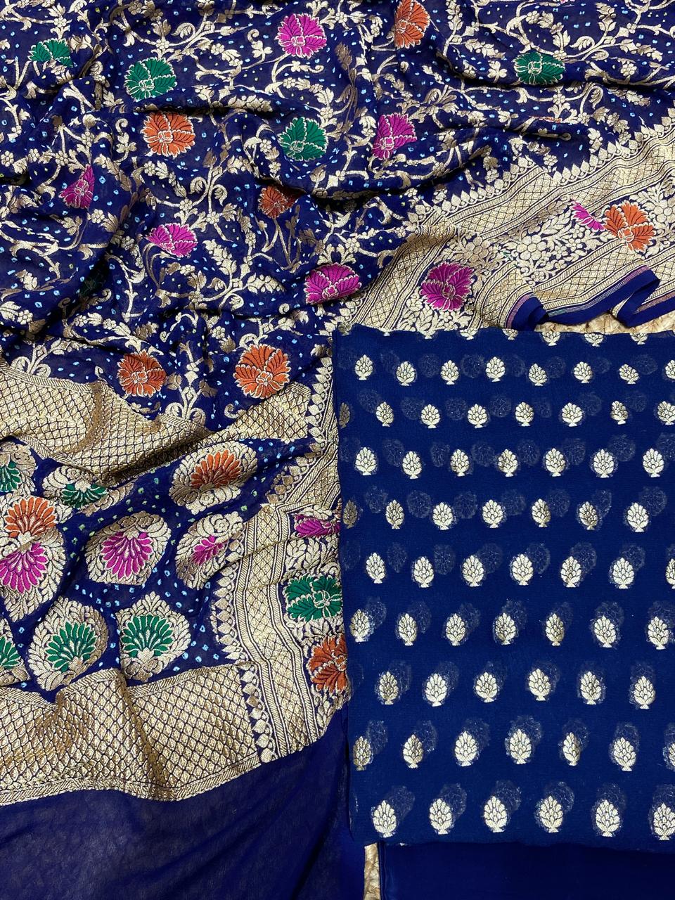 Pure Khaddi Georgette Unstitched Suit With Bandhani Work Dupatta