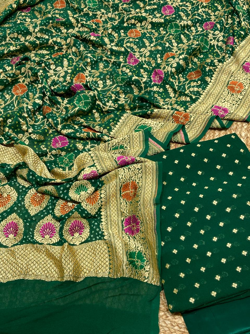 Pure Khaddi Georgette Unstitched Suit With Bandhani Work Dupatta